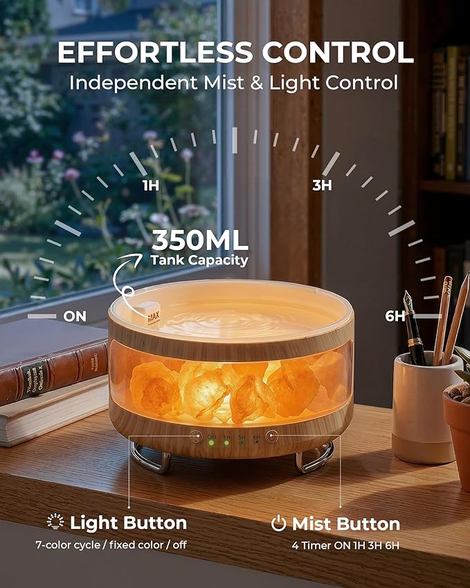 4-in-1 Ultrasonic Essential Oil Diffuser with Himalayan Salt Lamp, Humidifier & 7-Color LED Mood Light, Timer & Auto Shut-Off, Ultra-Quiet Aroma Diffuser for Bedroom, Office & Yoga –Beige