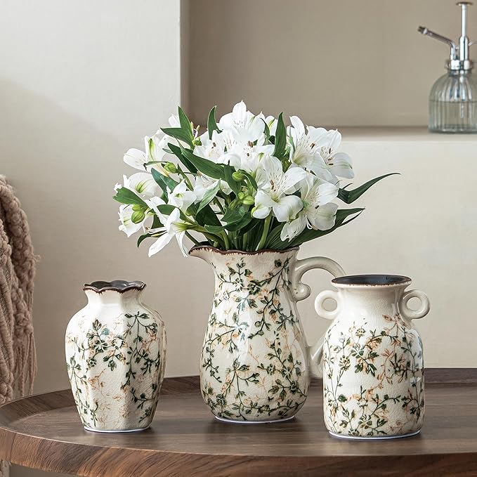 for Mom from Daughter or Son, Ceramic Vase Set of 3, Green Chinoiserie Floral Pitcher Vases, Vintage Farmhouse Decor for Mantel, Fireplace, Kitchen Counter, Living Room, Bookshelf