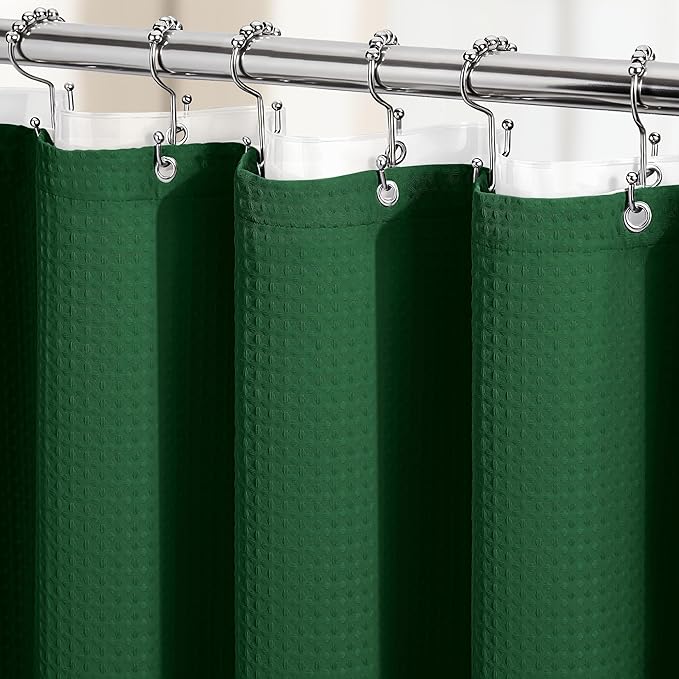 Dynamene Extra Long Shower Curtain and Liner Set - 96 inch Tall Waffle Fabric, Waterproof Clear Liner, Heavy Duty Weighted Hotel Luxury Shower Curtains for Bathroom with 12 Hooks, 72x96, Dark Green