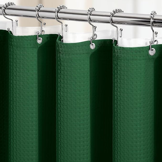 Dynamene Extra Long Shower Curtain and Liner Set - 96 inch Tall Waffle Fabric, Waterproof Clear Liner, Heavy Duty Weighted Hotel Luxury Shower Curtains for Bathroom with 12 Hooks, 72x96, Dark Green