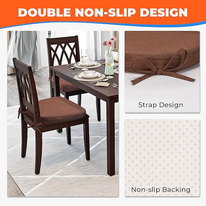 Sunsleek Chair Cushions for Dining Chairs, D-Shaped Seat Cushions with Removable Washable Cover and Ties, Chair Pads for Kitchen, Indoor Dining Room, Patio Chairs, 17'' x 16'', Set of 2, Brown