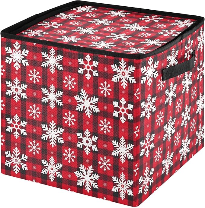 Red Buffalo Plaid Christmas Ornament Storage Basket Box Snowflake Winter Holiday Storage Container Cube with Adjustable Dividers for 64 Holiday Ornaments Decorations Keeps Clean Dry for Next Season