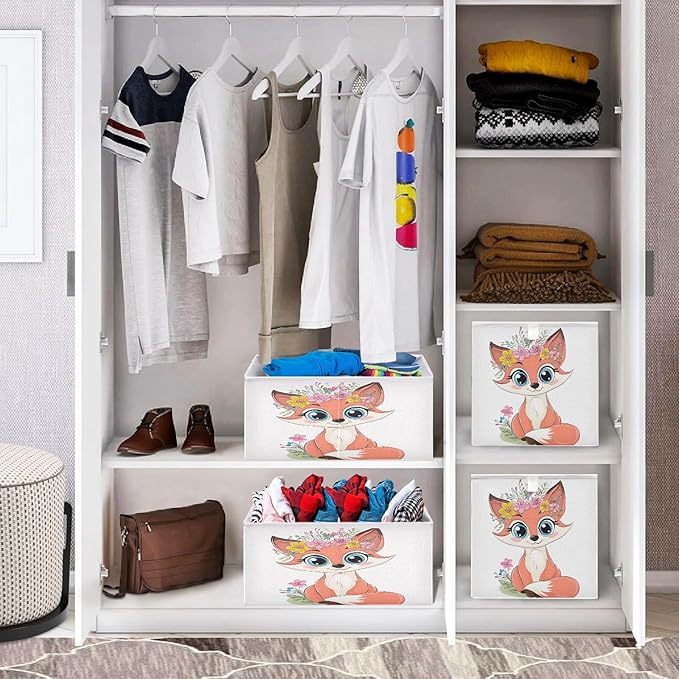 Foldable Storage Cube Fox Flowers Wreath Organizer Basket for Home Shelf