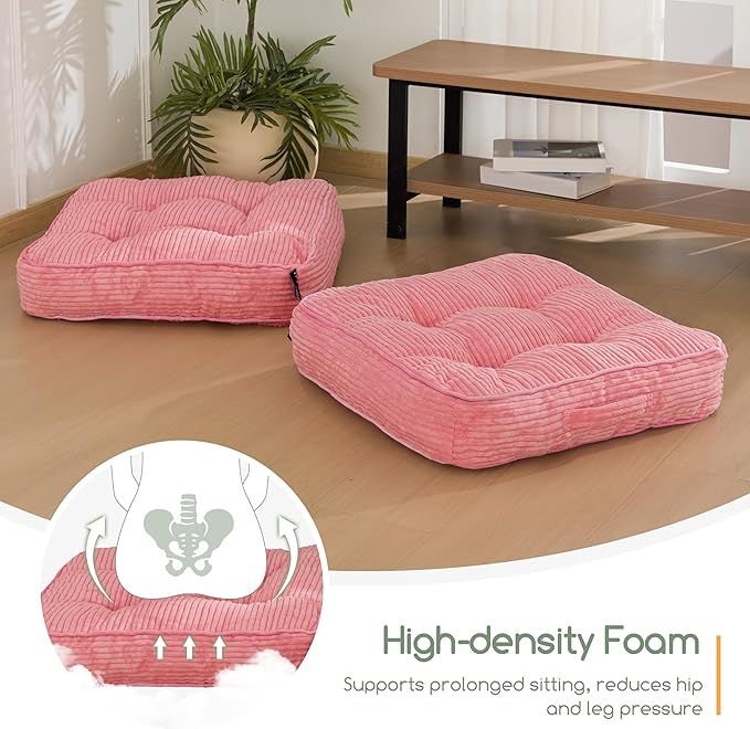 HIGOGOGO Floor Pillow Cushion for Adults, Meditation Cushion Pillow, Large Square Floor Sitting, Tufted Corduroy Cover, for Tatami Living Room or Yoga, 22x22 Inch, Pink