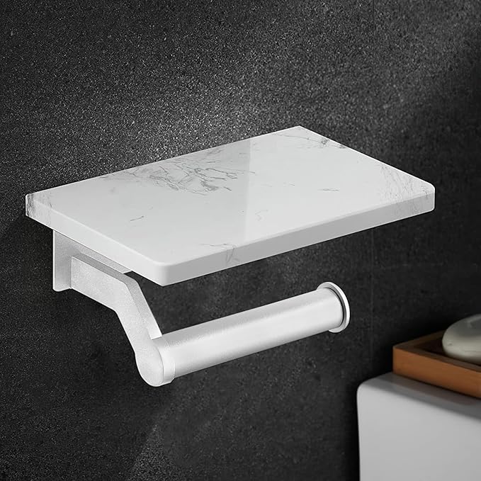 Hoimpro Brushed Silver Aluminum Toilet Paper Holder with White Natural Marble Shelf, Wall Mounted Tissue Hand Paper Roll Storage Holder for Bathroom Kitchen Washroom Bedroom