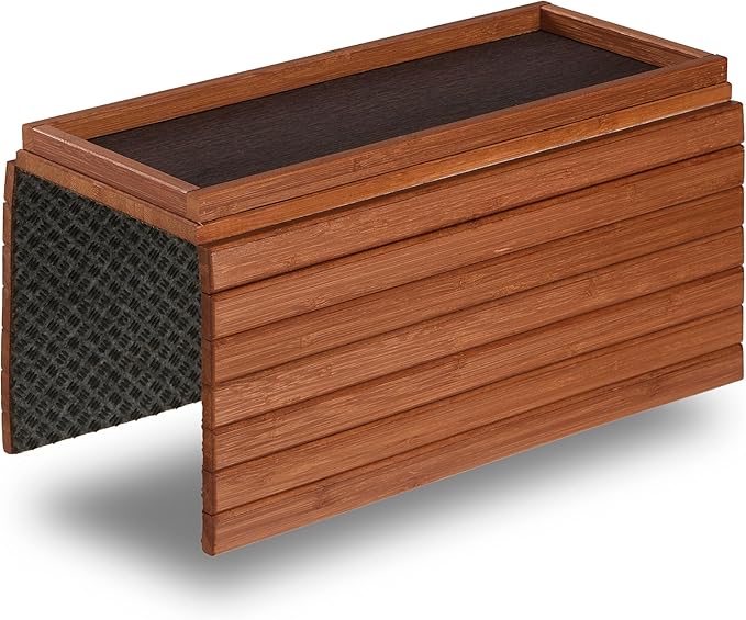 DETOR Couch Arm Tray with Anti-Slip Leather Pad, Sturdy Bamboo Slats, Fits Armrests 5.5" and Wider, Acacia Stained