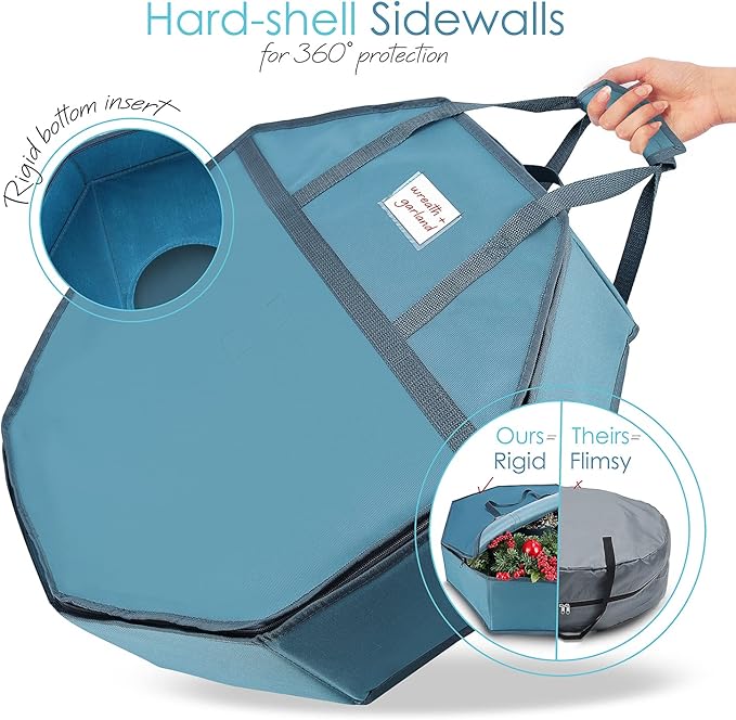 Hearth & Harbor Container-Hard Shell Christmas Bag with Interior Pockets, Dual Zipper and Handles-Premium Wreath Storage Organizer Box, 36", Blue