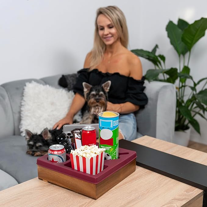 Silicone Couch Cup Holder Tray – Silicone Acacia Couch Caddy with Cup Holder & Phone Stand – Waterproof Anti-Spill Snack & Bed Caddy Organizer Sofa Tray for Drinks, Snacks, & Remotes (Maroon)