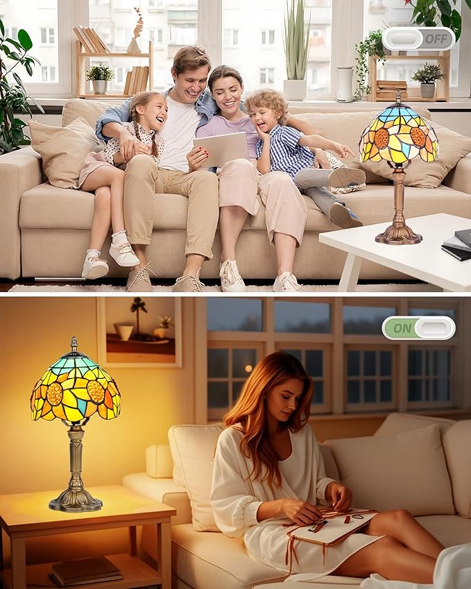 Sunflower Tiffany Style Table Lamp with LED Bulb, 8 Inch Handmade Stained Glass Light, Antique Desk & Bedside Lamp for Living Room, Bedroom, Study, Art Decor Gift