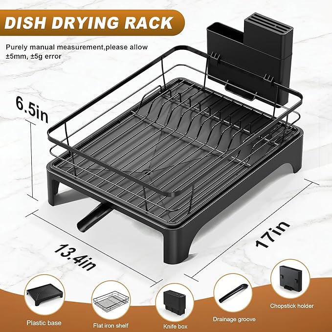 Dish Drying Rack for Kitchen Counter, Dish Rack, Dish Drainer for Kitchen with Built-in Drain, Stainless Steel Sink Organization and Storage Essentials with Cutlery Holder (17" x 13.4", Black)