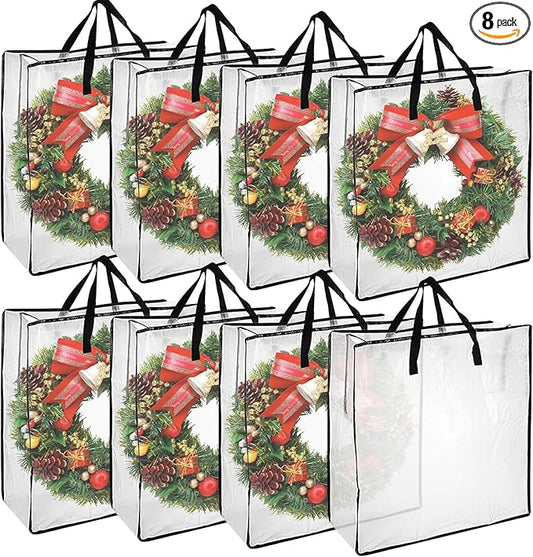 8 Pack Wreath Storage Container, 24 Inch Christmas Wreath Storage Container, Clear Storage Bags with Zipper Sturdy Handles for Seasonal Wreaths, Pillow & Blanket