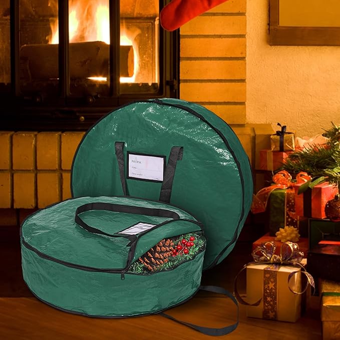 ProPik Christmas Wreath Storage Bag 24" - Garland Holiday Container with Tear Resistant Material - Featuring Heavy Duty Handles and Transparent Card Slot - 2 Pack (24 Inch, Green)