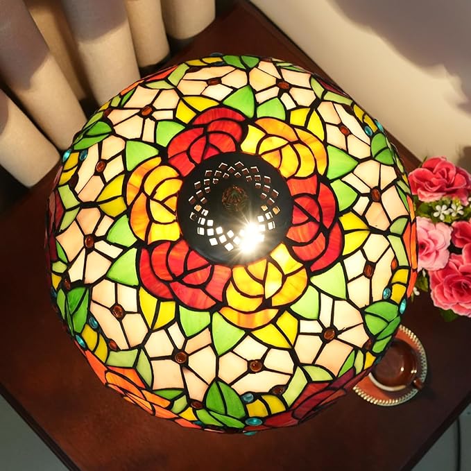 Tiffany Lamp Rose Flower Stained Glass Table Lamp 12X12X18 Inches Rose Style Desk Reading Light Decor Bedside Bedroom Living Room Home Festival Birthday Valentine's Day Christmas Gift