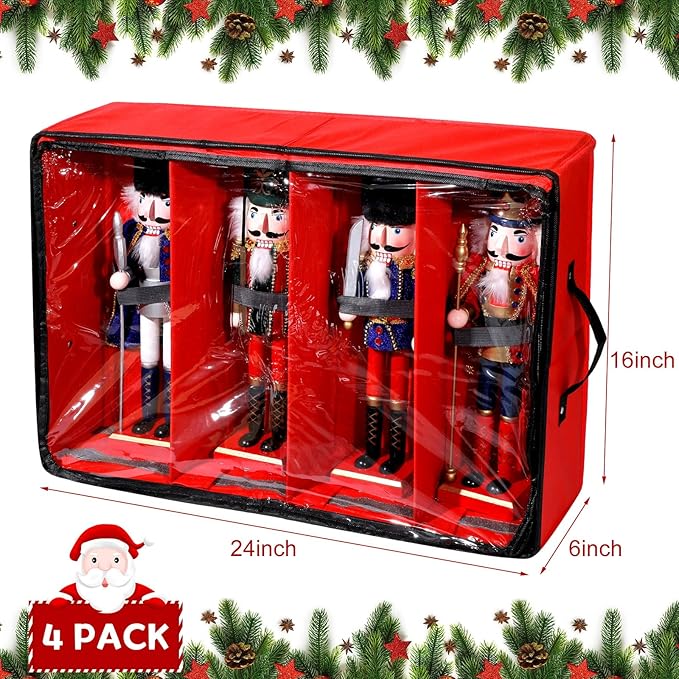 Preboun 4 Pack Clear Top Christmas Nutcracker Storage Box - Each Holds 4 Figurines up to 16 Inches (Red)