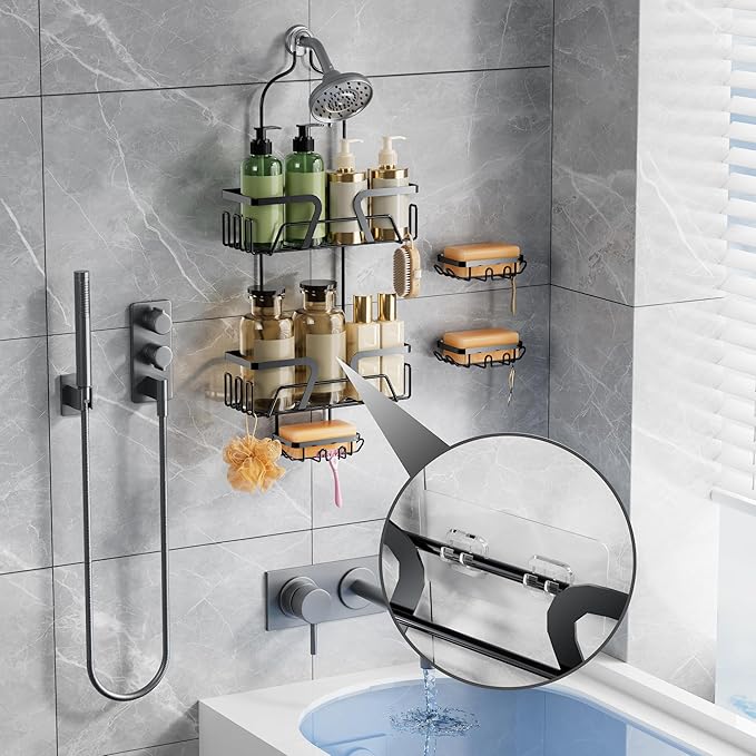 DAOYA Shower Caddy Hanging with 3 Soap Holder - Over the Shower Head Caddy for Bathroom Organization(for Bathroom Organization, 24 Side Hooks, 3 Razor Holder
