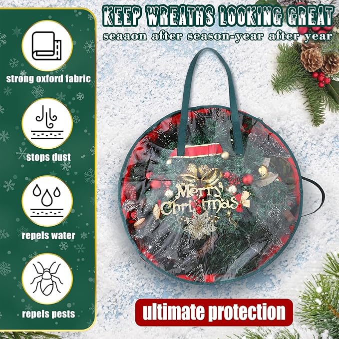Shappy 8 Pcs Red Wreath Storage Bag Clear Wreath Box Storage Containers with Clear Window and Handle Garland Containers for Holiday Seasonal Bags