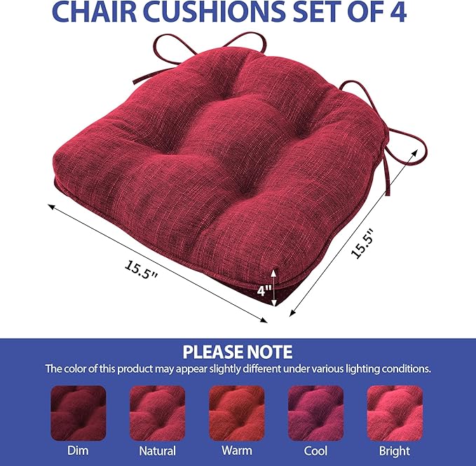 IPYNBAP Chair Cushions for Dining Chairs Set of 4, Red Kitchen Chair Cushions, Chair Pads with Ties and Non Slip Backing, Christmas Room Decor, Tufted Memory Foam Seat Cushion 4 Pack, 15.5"x15.5"x4"