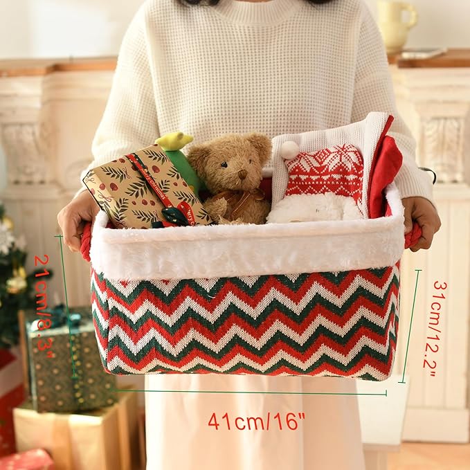 INough Christmas Ornament Storage Box Holiday Decoration Organizer, Knitted with Bulky Yarn Christmas Basket for Kids Gifts Baskets Empty with Handles Santa Sack with Drawstring (Large, Green Wave)
