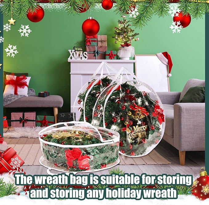 Shappy 10 Pcs 36 Inch Back to School Wreath Storage Container Clear Wreath Storage Bags PVC Waterproof Garland Bags with Clear Window Dual Zippers and Handles for Holiday Artificial Garland (White)