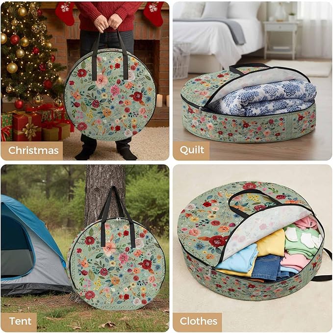 Storage Bag Sage Green Floral Round Storage Totes Bins Closet Organizers with Zippers & Handle Farmhouse Vintage Flower Clothes Storage Container for Bedroom Dorm Space Saving Packing Supplies Bags