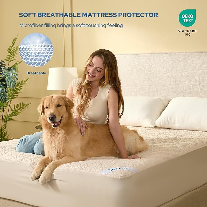 BEDLORE Waterproof Mattress Protector, California King Size Noiseless Mattress Pad with Deep Pocket 6"-18" Depth, Soft Breathable Bed Mattress Cover Washable for Home, Bedroom, Hotel (Beige)