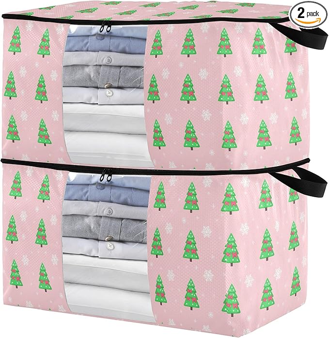 Burbuja Christmas Tree Clothes Storage Bag with Lids and Handle, 2 Pack Foldable Blanket Storage Container with Sturdy Zipper & Clear Window for Bedroom Closet, 60L