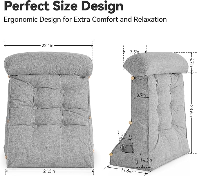 23" H Bed Wedge Reading Pillow with Adjustable Headrest, Reading Pillow for Sitting in Bed Couch Adult Backrest Pillow for Neck Back Lumbar Support with Removable Washable Cover Light Gray