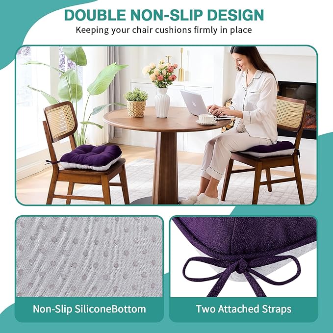 BETU Chair Cushions for Dining Chairs Set of 6,3.5" Thick Kitchen Table Chair Pads with Ties,Non Slip Backing and Covers, Seat Cushion for Dining Room,Bar,Patio Chairs,16"X16"X3.5",Dark Purple