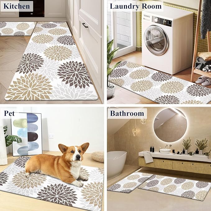 HEBE Anti Fatigue Kitchen Rugs Sets of 2, Non Slip Kitchen Mats for Floor, Waterproof Cushioned Comfort Standing Carpet for Kitchen Sink, Home Office, Laundry Room