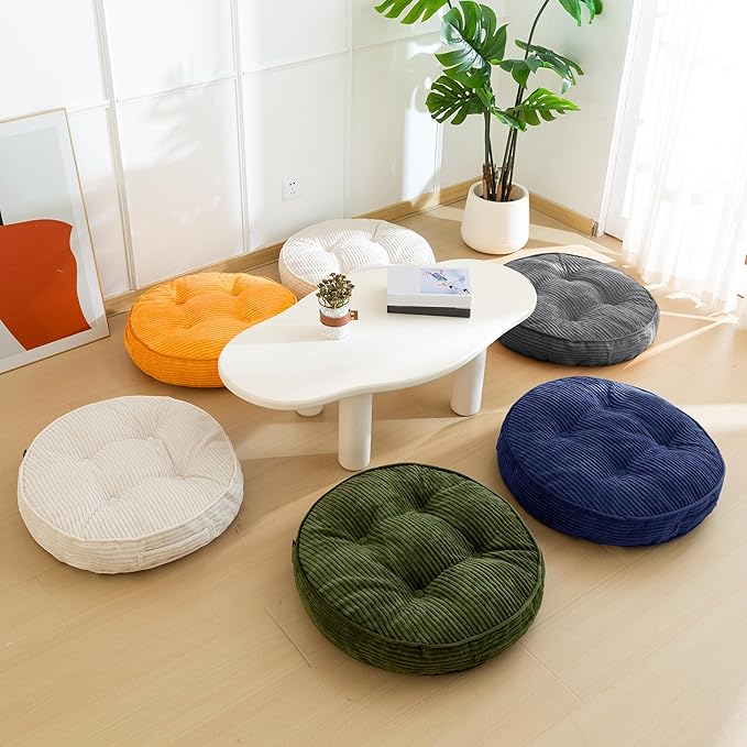 HIGOGOGO Floor Pillow Cushion for Adults, Meditation Cushion Pillow, Large Round Floor Sitting, Tufted Corduroy Cover, for Tatami Living Room or Yoga, 22x22 Inch, Beige