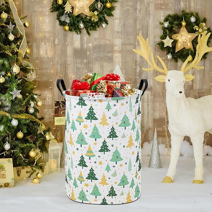 HUNRUNG Collapsible Fabric Storage Basket, Waterproof Laundry Hamper with Handles, Round Storage Bin for Clothes Toys, Foldable Organizer for Bedroom Nursery Bathroom(Round-Christmas tree)