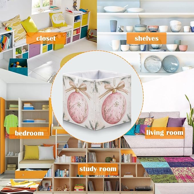 Cute Christmas Ornament Fabric Storage Bins Large Shelf Storage Basket Box Sturdy Foldable Closet Organizer Bins for Living Room Bathroom, 15.7x10.6x7 Inch