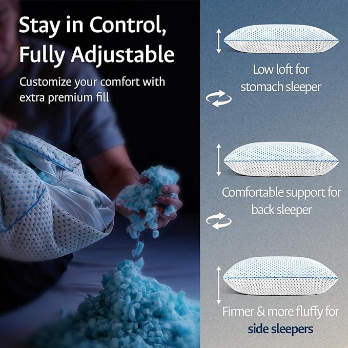 Cooling Pillows King Size 1 Pack for Sleeping, Adjustable Shredded Gel Memory Foam Cool Pillows for Side, Back, Hot Sleeper, Medium Firm for Neck Pain Relief, Washable Removable Cover, CertiPUR-US
