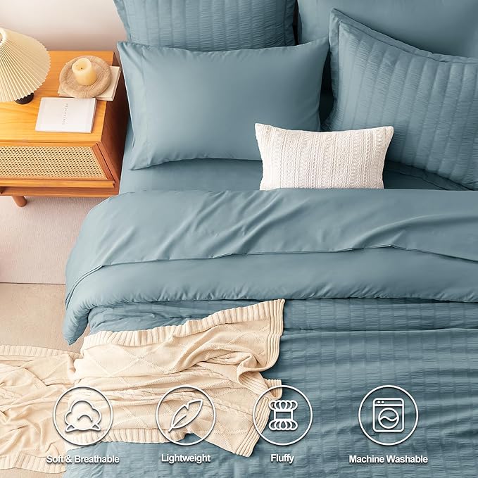 CozyLux King Size Comforter Set Mineral Blue Seersucker 7 Pieces Bed in a Bag King Comforter Set with Sheets, Luxury Soft Bedding Sets with Down Alternative Comforter, Sheets, Pillowcases & Shams