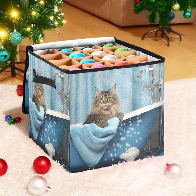 Kigai Bathroom Cat Christmas Ornament Storage Box with Zipper & Adjustable Dividers Holiday Ornament Organizer Xmas Storage Container, 64 Balls