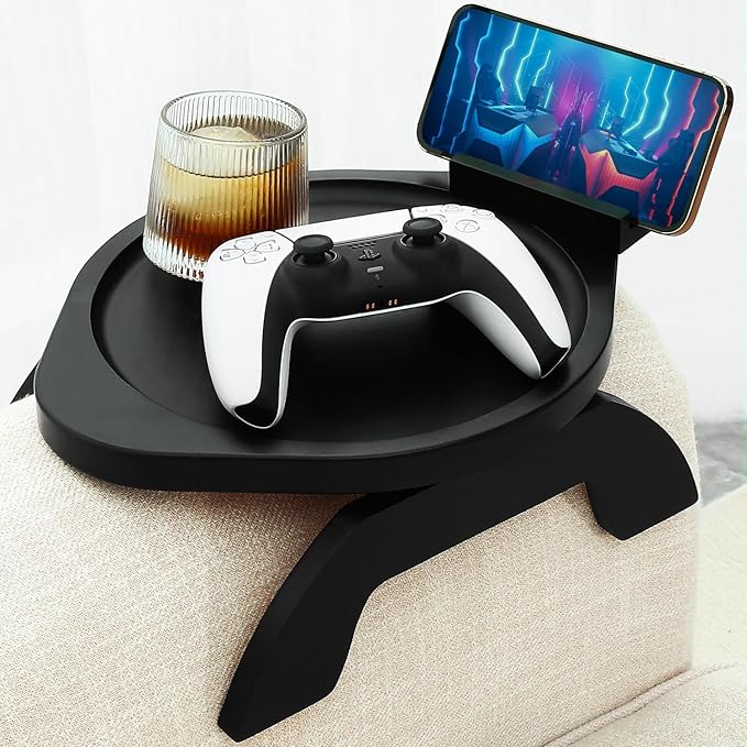 Couch Arm Table Tray, Sofa Clip on Tray Tables with 360° Phone Holder, Bamboo Arm Rest Table for Couch, Folding Sofa Armrest Tray for Food, Snacks, Coffee, Remote