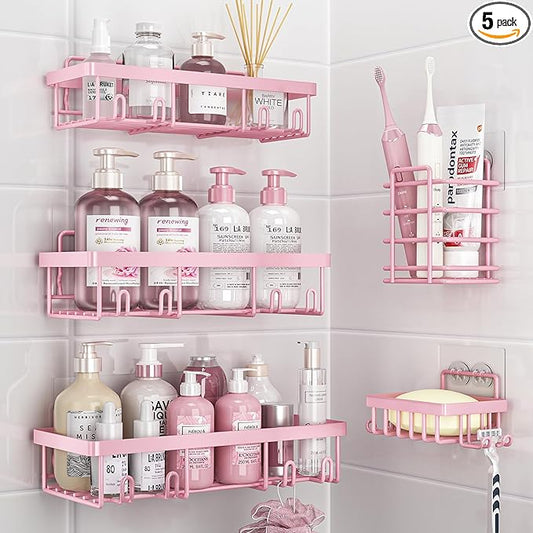 Liuoud 5 Pack Shower Caddy Organizer Rack Shelf for Inside Shower, Adhesive Bathroom Wall Storage Basket Rustproof Stainless Steel Shampoo Holder, Girly Bathroom Accessory Decor Set, Pink