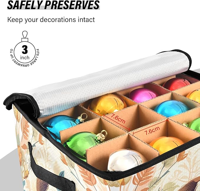 Kigai Sloth Christmas Ornament Storage Box with Zipper & Adjustable Dividers Holiday Ornament Organizer Xmas Storage Container, 64 Balls
