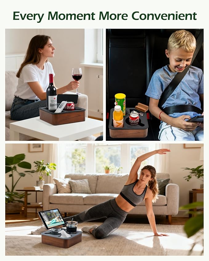 Couch Cup Holder Tray, Acacia Wooden Couch Caddy with Rotatable Phone Holder for Bed Organizer, Waterproof Anti-spill Sofa Cup Holder for Snacks Beverage Remote Grey