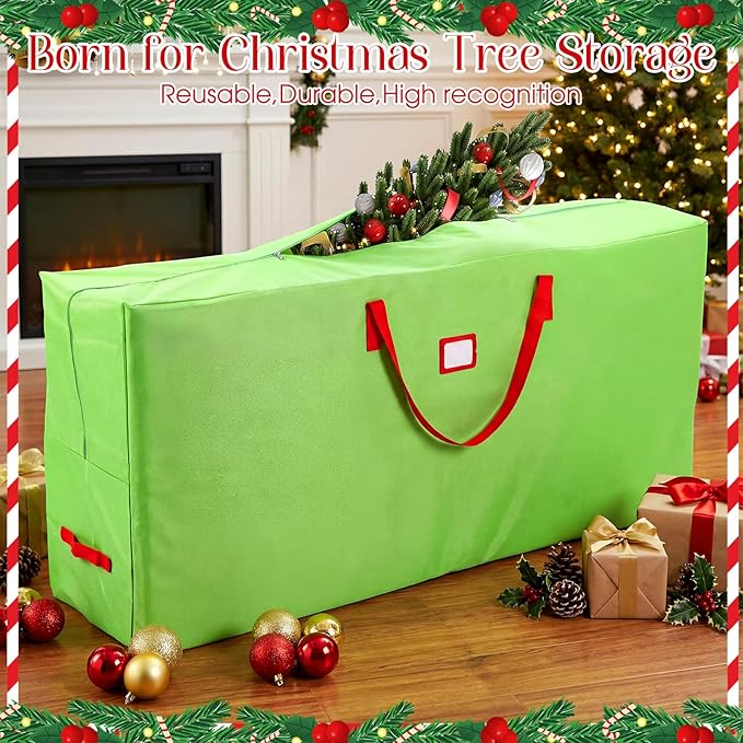 7.5 ft Christmas Tree Storage Bag Heavy Duty 420D Oxford Artificial Christmas Tree Bag with Reinforced Handles Dual Zippers Card Slot Wide Opening Extra Large Storage Container, Green