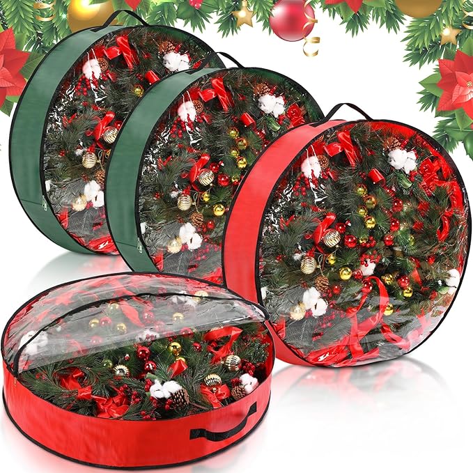 Aliceset 4 Pack Wreath Storage Containers, Ornament Garland Wreath Storage Bags with Handle Zipper Decorative Storages Box for Winter Valentine Wreaths(30 x 30 x 7.8 Inch,Red, Green)