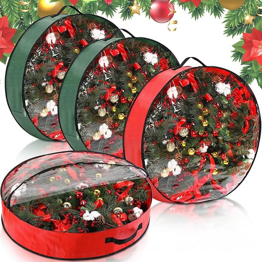 Aliceset 4 Pack Wreath Storage Containers, Ornament Garland Wreath Storage Bags with Handle Zipper Decorative Storages Box for Winter Valentine Wreaths(30 x 30 x 7.8 Inch,Red, Green)