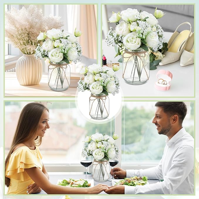 Zeyune 6 Sets Mason Jar Centerpiece Table Decorations, Artificial Peony Baby's Breath Flower Bouquets, Faux Flowers with Vase, Rustic Decor Gifts for Home, Wedding, Holiday (Green)