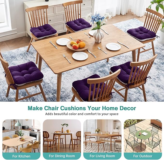 BETU Chair Cushions for Dining Chairs Set of 6,3.5" Thick Kitchen Table Chair Pads with Ties,Non Slip Backing and Covers, Seat Cushion for Dining Room,Bar,Patio Chairs,16"X16"X3.5",Dark Purple