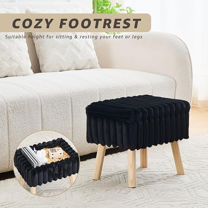 Wimarsbon Storage Ottoman,Soft Faux Fur Footstool with Padded Seat, Small Reading Vanity Chair, Footrest with Wood Tray for Couch, Mini Coffee Table or Display Stand (Black)
