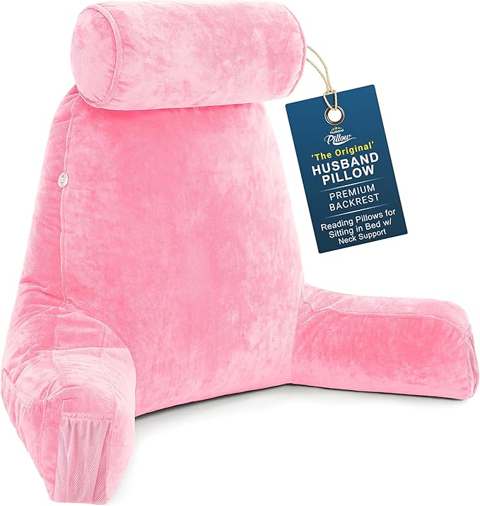 Husband Pillow Medium Reading Pillow with Arms - 23" Backrest for Sitting Up in Bed - Firm Support Bed Rest Pillow for Adults, Neck Roll, Removable Cover - TV, Reading, Lounging - Pink