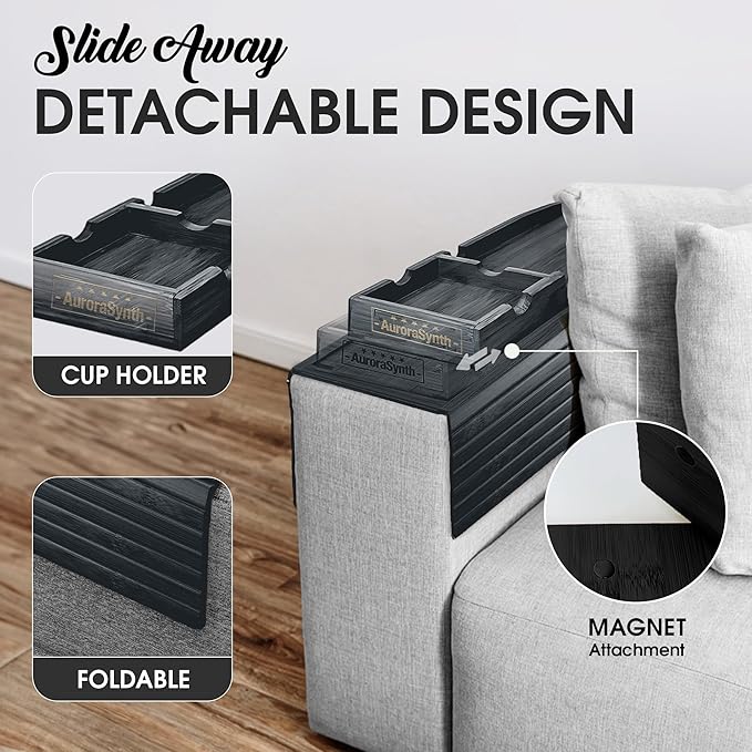 Couch Cup Holder Tray with 2 Cork Coasters, Couch Caddy, Anti-Slip Foldable Armrest Sofa Tray, Couch Armrest Table, Anti-Spill Holder for Remote, Snacks, Cellphone - Ideal Gift (Black)