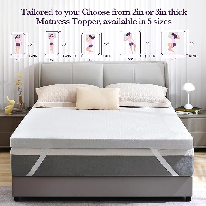 SINWEEK 3 Inch Gel Memory Foam Mattress Topper with Cooling Cover Ventilated Soft Mattress Pad, Bed Topper, CertiPUR-US Certified, Queen Size