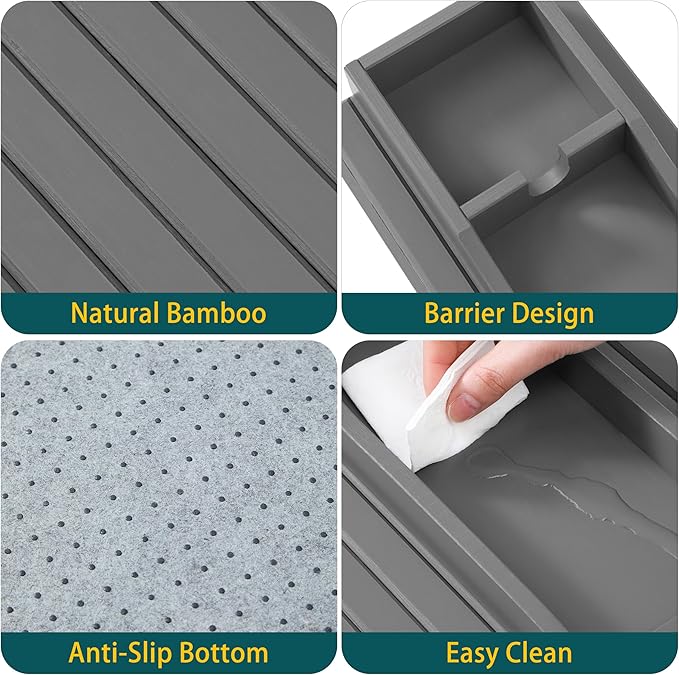 Bamboo Couch Cup Holder Arm Tray Table，Couch Drink Holder，Sofa Cup Holder Armrest Tray，Anti-Slip Foldable Arm Chair Table Tray Recliners for Drink,Cups, Snacks, Phone, Remote (Gray)