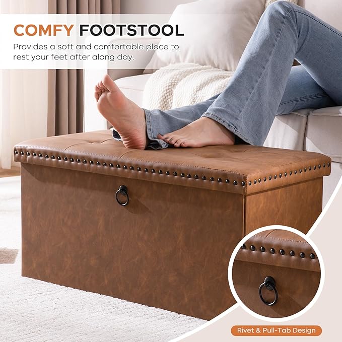 oakvivo 30 Inches Folding Storage Ottoman Bench, Ottoman PU Leather Tuffed End of Bed Bench, Foot Rest with Rivet Design, Ottoman with Storage, Load 330 lb, for Living Room, Bedroom, Entryway, Brown